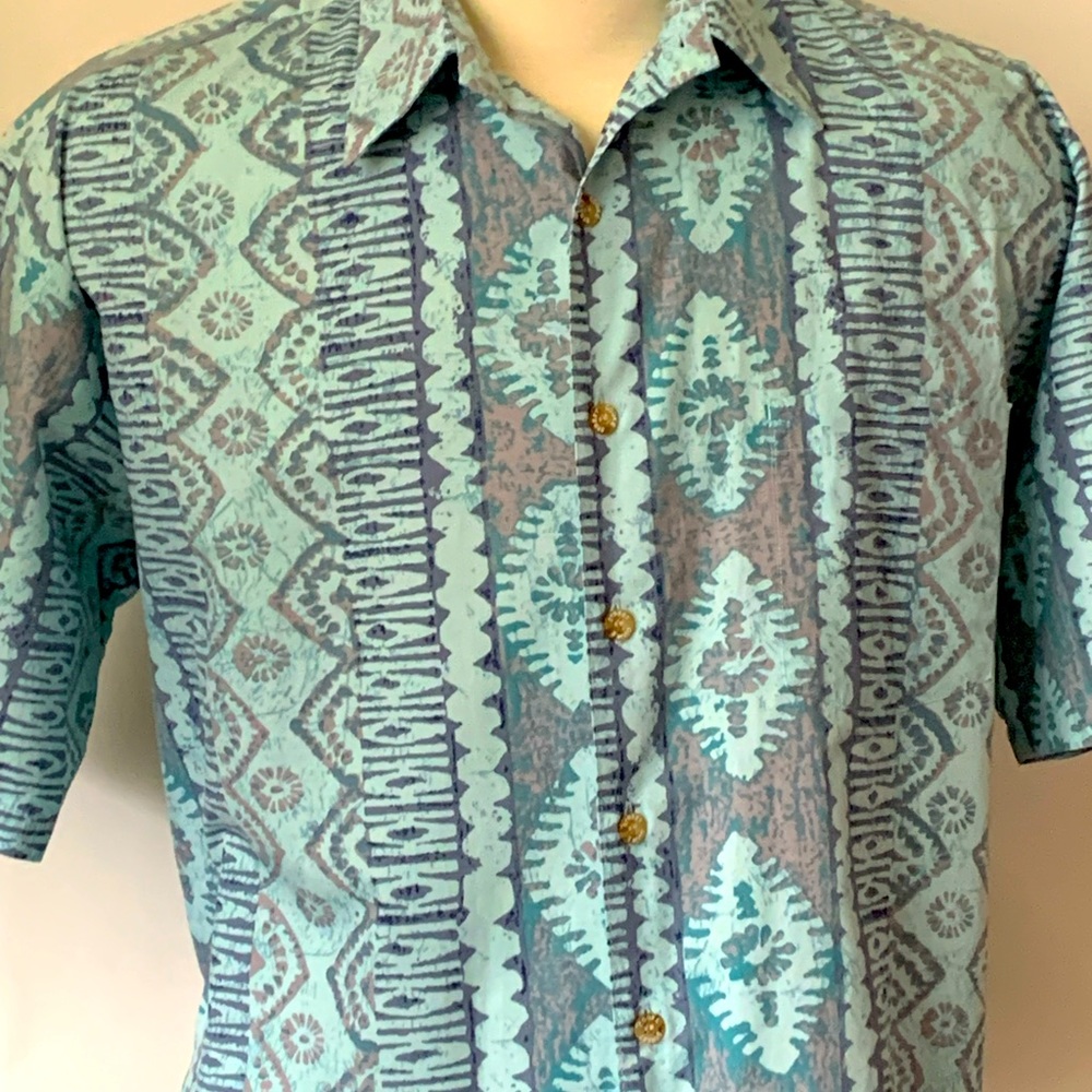Vintage Cooke Street Hawaiian TIKI Short Sleeve Shirt L Geometric FLORAL Tribal